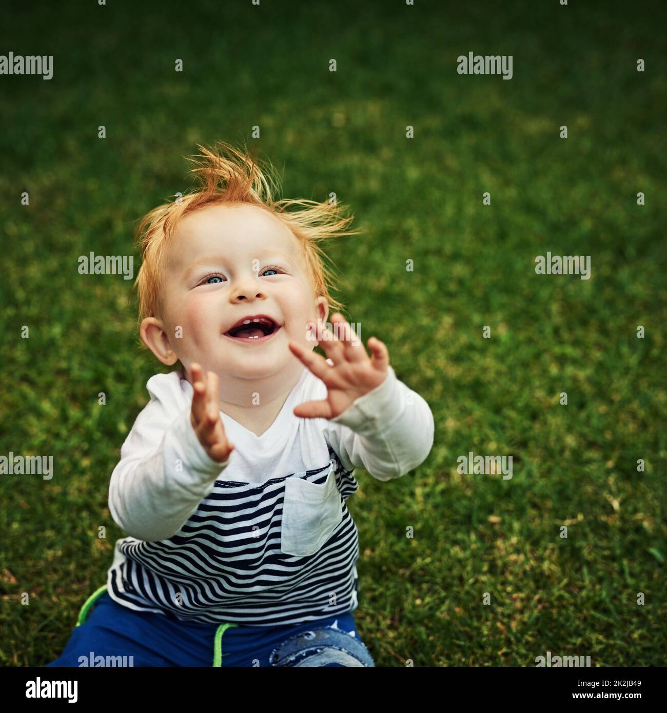 Feeling the joy. Shot of an adorable little boy playing in the backyard. Stock Photo