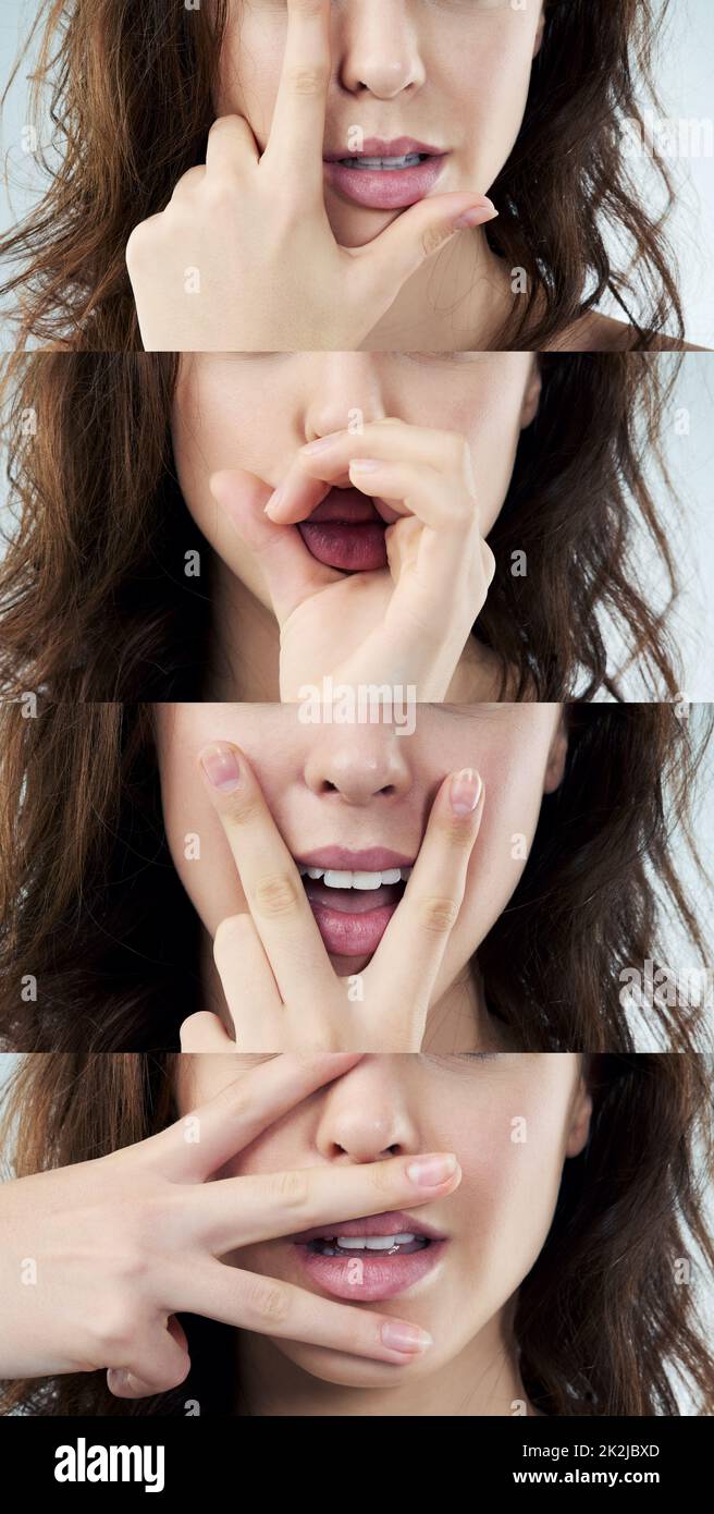 You can say so much with your hands. Composite image of a young woman spelling out the work love with her fingers. Stock Photo