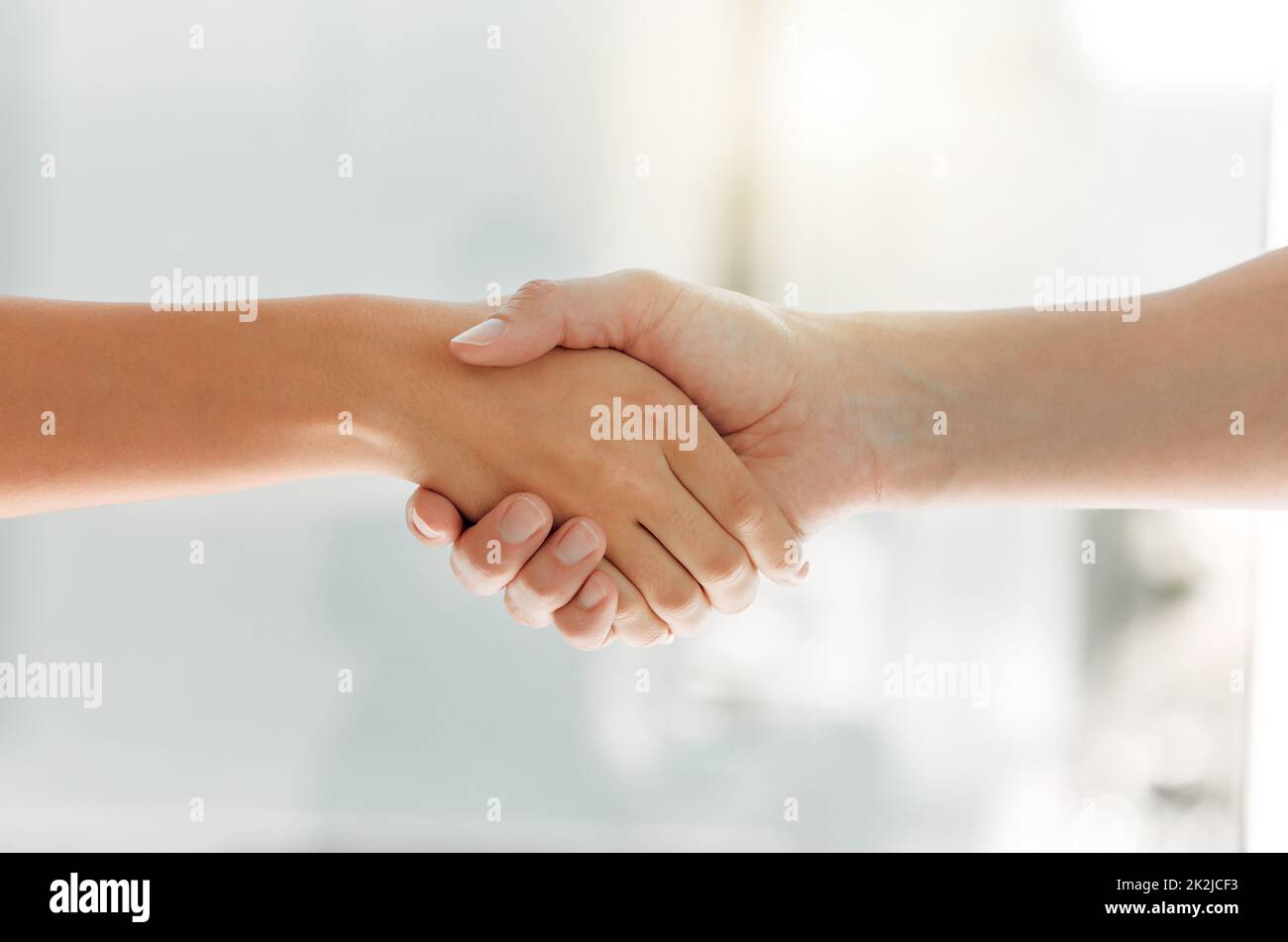 You got a deal. Shot of two unrecognizable people shaking hands at home. Stock Photo