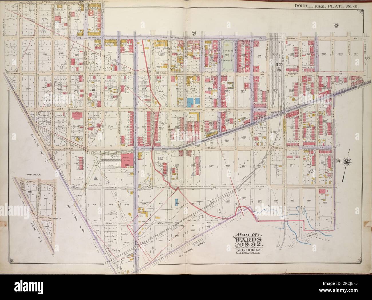 E.B. Hyde & Co.. Cartographic, Maps. 1916. Lionel Pincus and Princess Firyal Map Division. Brooklyn (New York, N.Y.), Real property , New York (State) , New York Brooklyn, Vol. 1, 2nd Part, Double Page Plate No. 41; Part of Wards 26 & 32, Section 12; Map bounded by Riverdale Ave., Georgia Ave., New Lots Ave., Williams Ave., Stanley Ave., E. 108th St., Foster Ave.; Including E. 107th St., Avenue D, Chester St., E. 98th St., Saratoga Ave., Livonia Ave., Bristol St.; Sub Plan Map bounded by Livonia Ave., Barrett St., E. 98th St., Howard Ave. Stock Photo