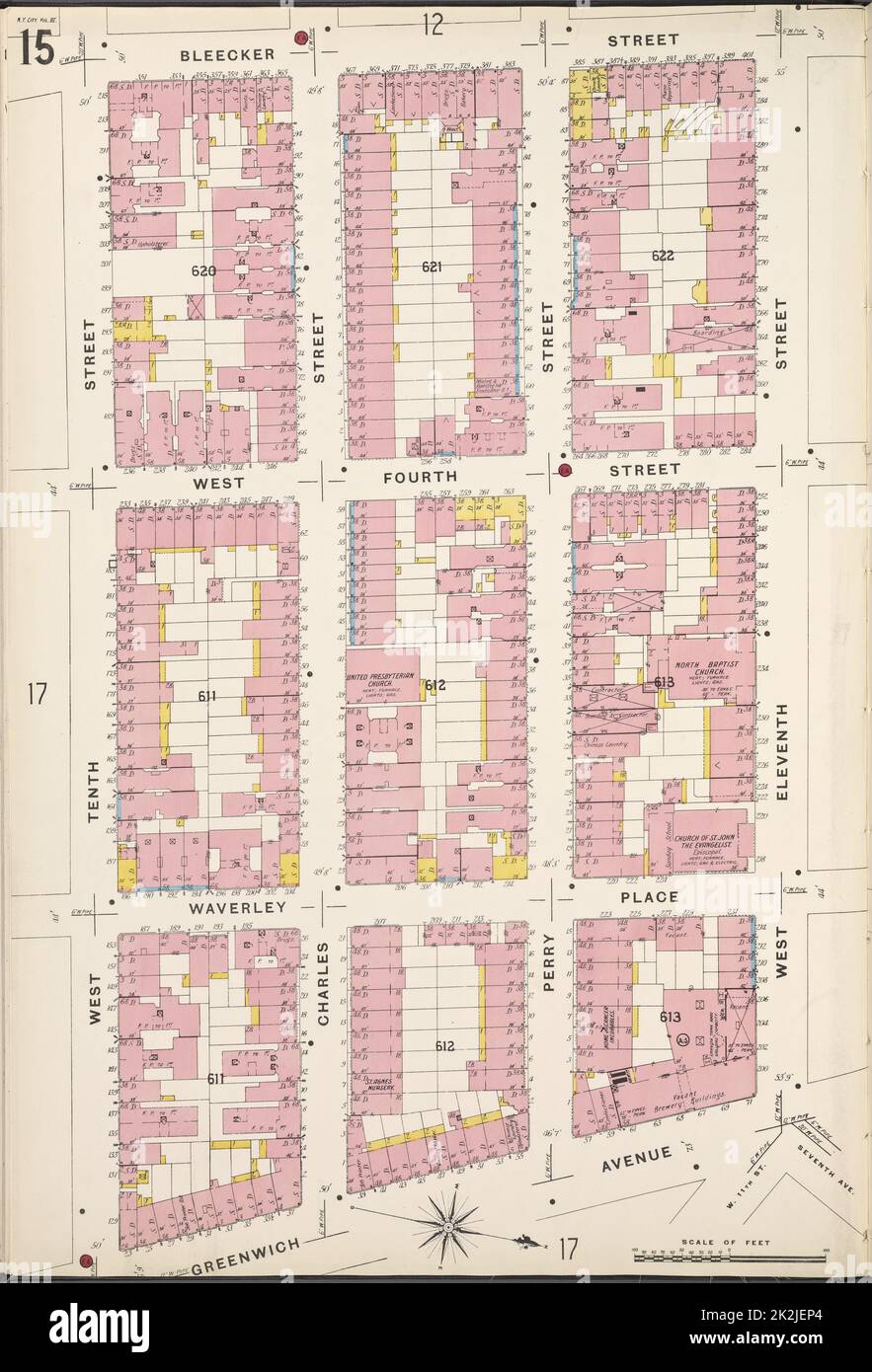 Cartographic, Maps. 1884 - 1936. Lionel Pincus and Princess Firyal Map Division. Fire insurance , New York (State), Real property , New York (State), Cities & towns , New York (State) Manhattan, V. 3, Plate No. 15 Map bounded by Bleecker St., W. 11th St., Greenwich Ave., W. 10th St. Stock Photo