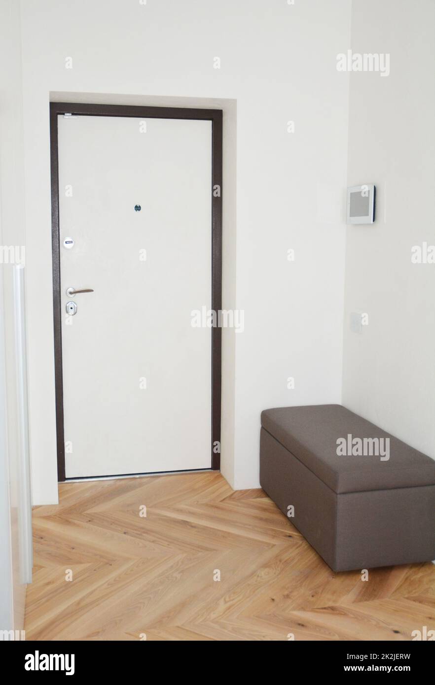 Modern house entrance metal door, corridor interior with  smart house system. Stock Photo