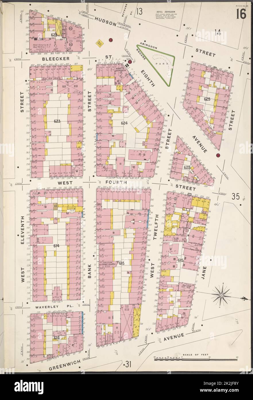 Cartographic, Maps. 1884 - 1936. Lionel Pincus and Princess Firyal Map Division. Fire insurance , New York (State), Real property , New York (State), Cities & towns , New York (State) Manhattan, V. 3, Plate No. 16 Map bounded by Hudson St., Jane St., Greenwich Ave., W. 11th St. Stock Photo