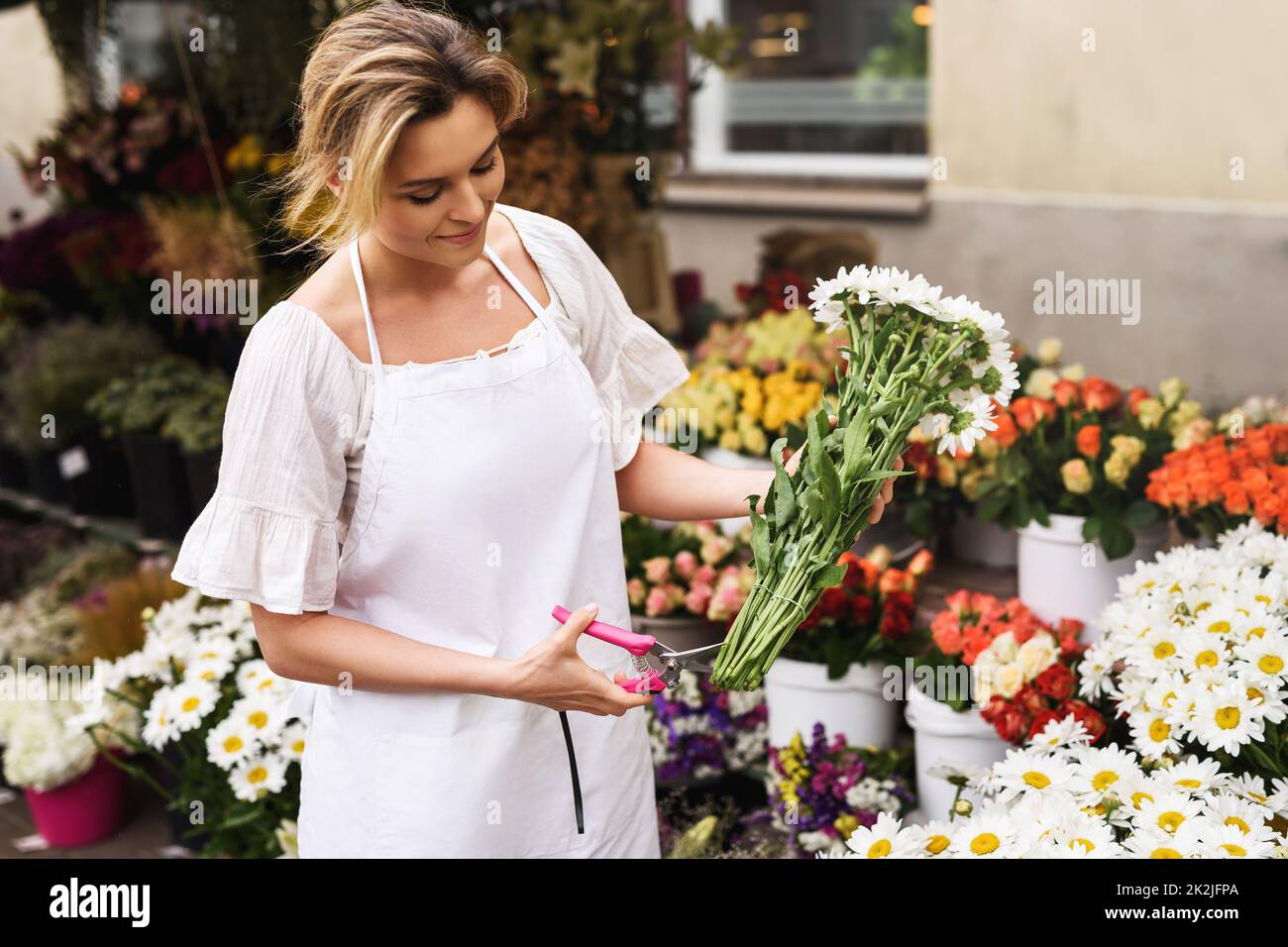 Woman florist cutting lower edge of flowers with sharp secateurs in her little flower shop Stock Photo