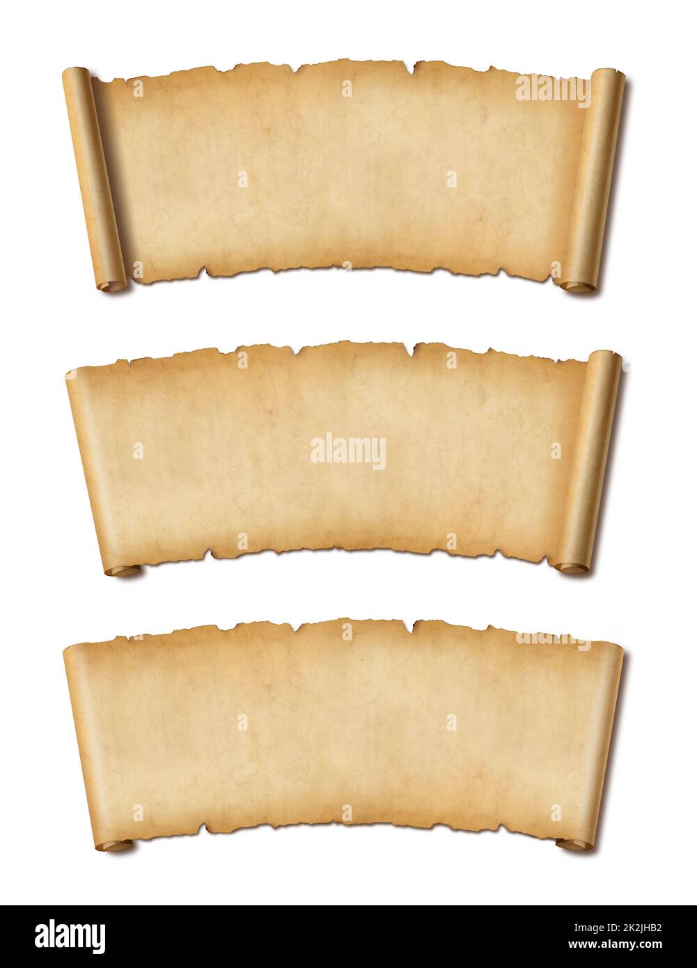 Old Parchment paper scroll set isolated on white with shadow. Horizontal banners Stock Photo