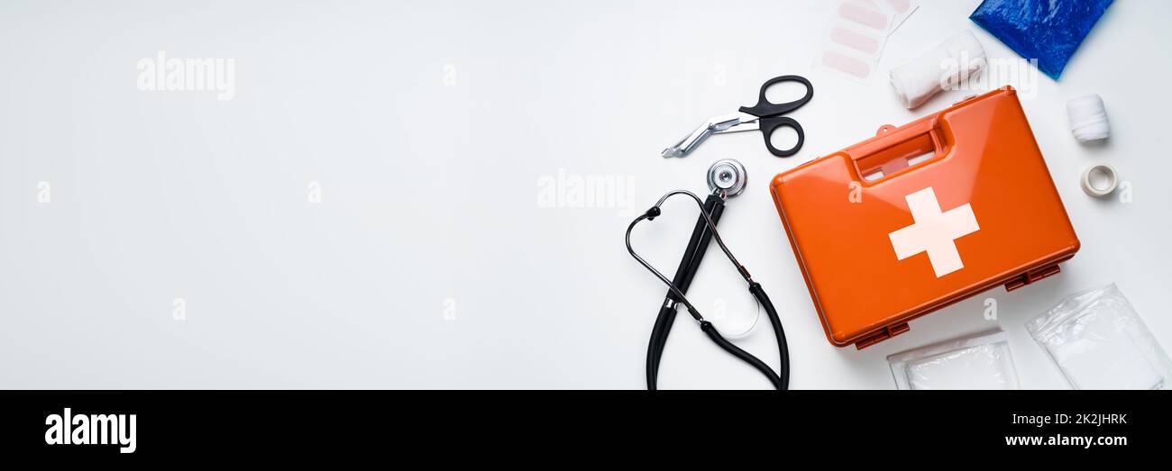 First Aid Kit With Medical Equipment Stock Photo - Alamy