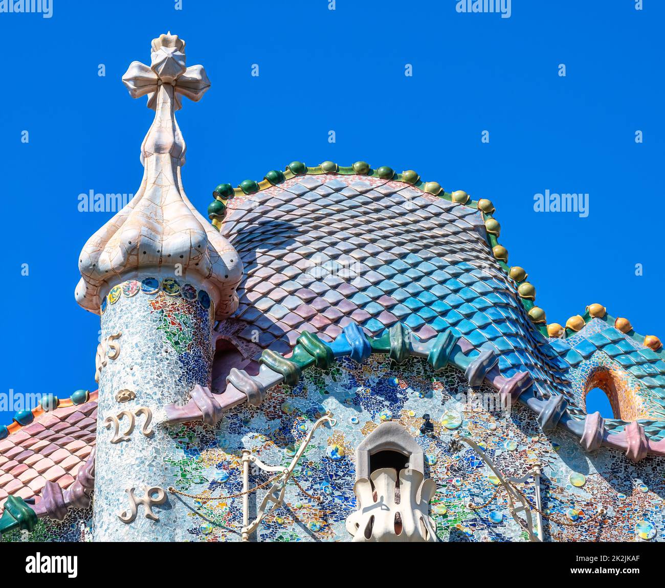 Casa Batllo. Exterior architecture feature. Designed by Antoni Gaudi, the place is a landmark in the city. Stock Photo