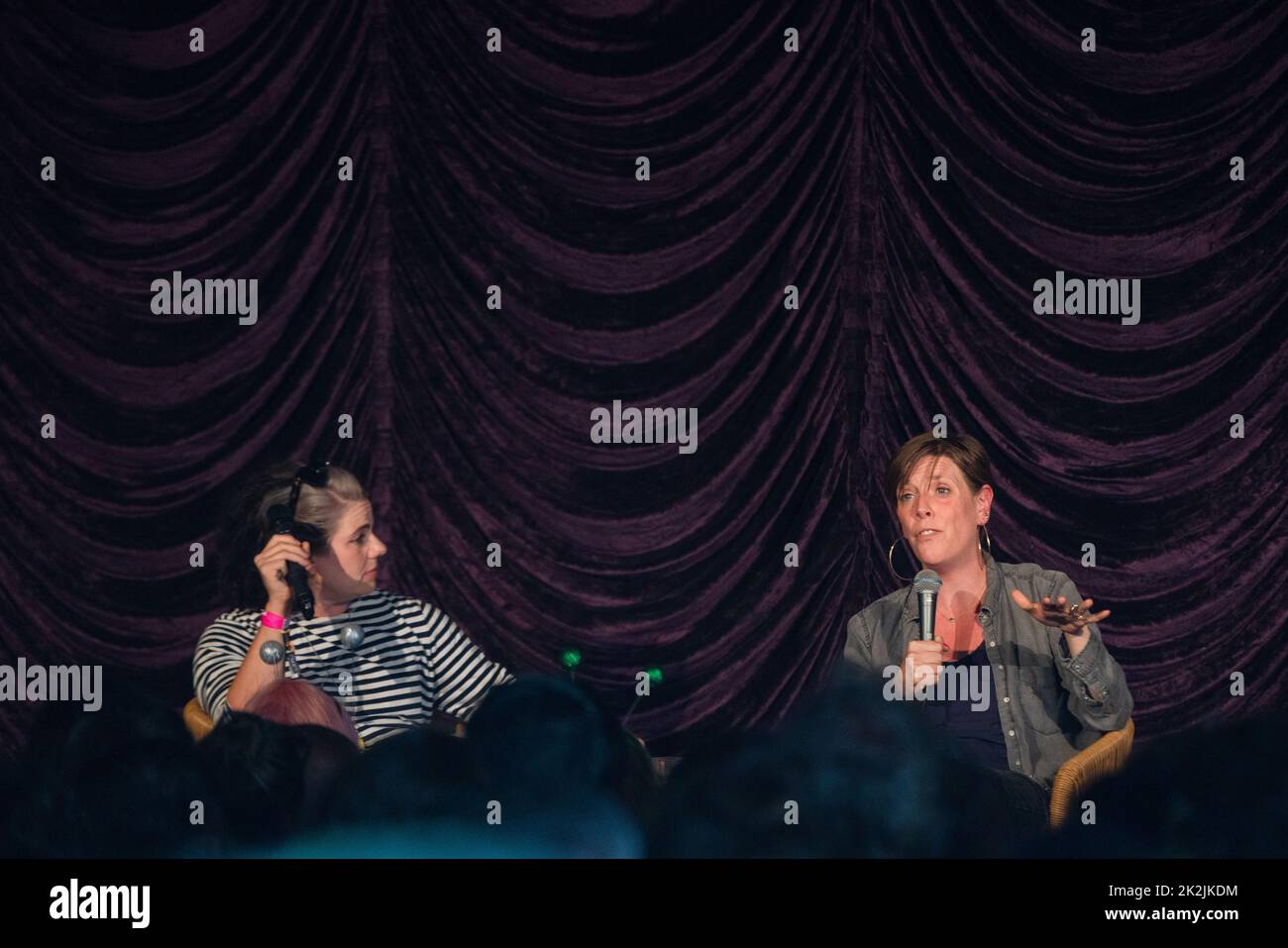 Caitlin Moran and Jess Phillips at eh Babbling Tongues Stage at the Green Man 2022 music festival in Wales. Photo: Rob Watkins/Alamy Stock Photo