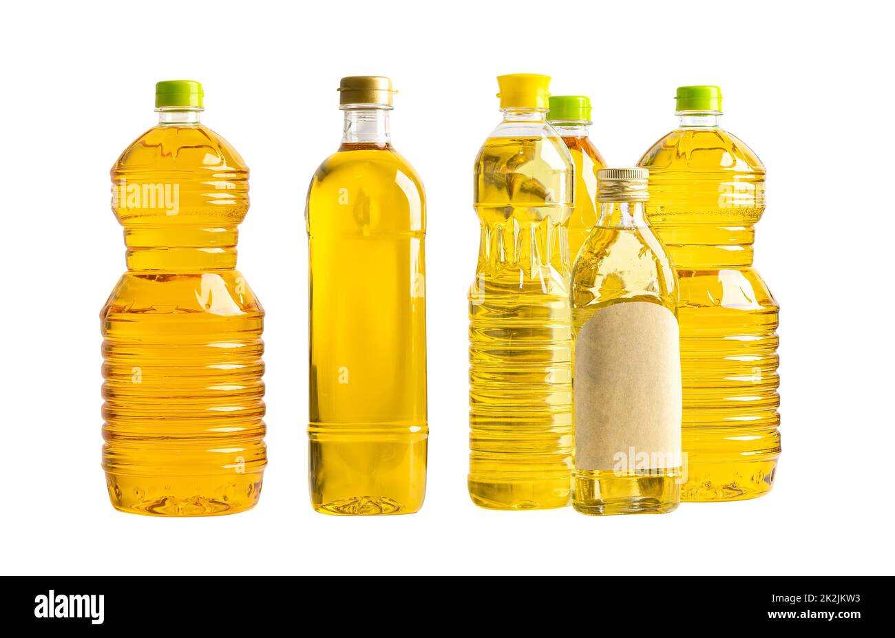 Vegetable oil with olive oil in different bottle for cooking isolated on white background Stock Photo