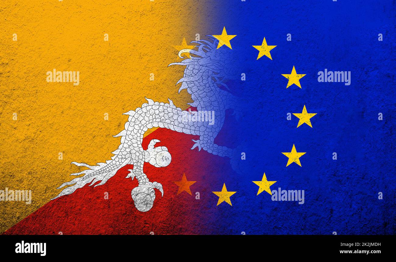 Flag of the European Union with Kingdom of Bhutan National flag. Grunge background Stock Photo