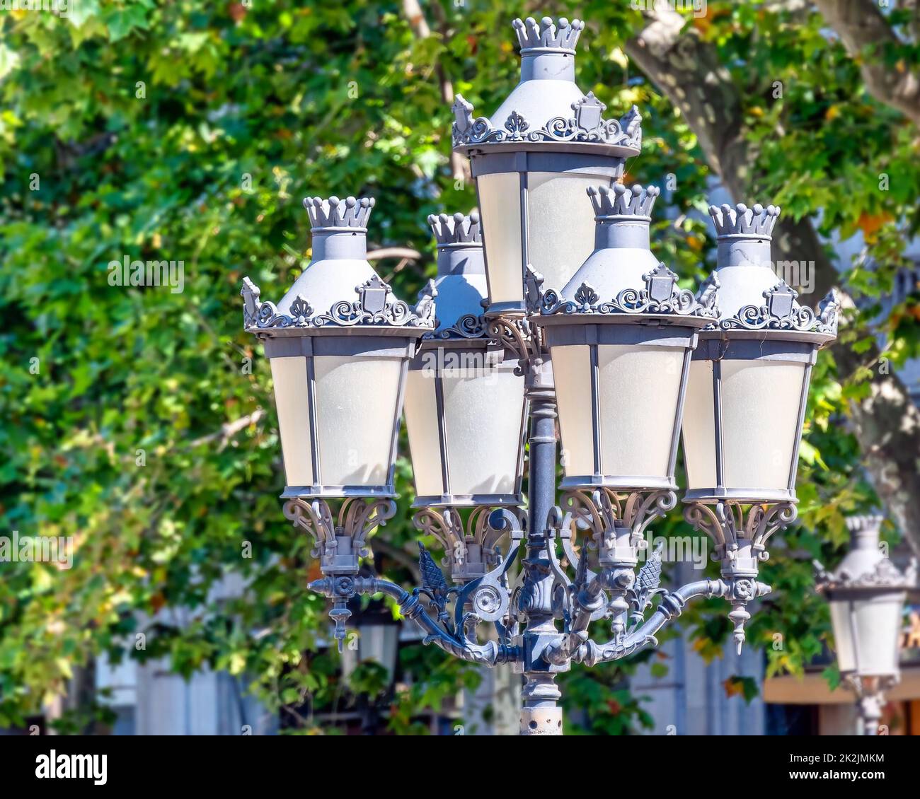 La Rambla. Large electric lamp with an old-style Stock Photo