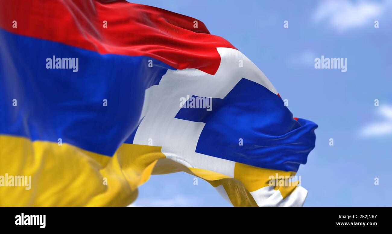 Close-up view of the flag of the breakaway Republic of Artsakh waving in the wind Stock Photo