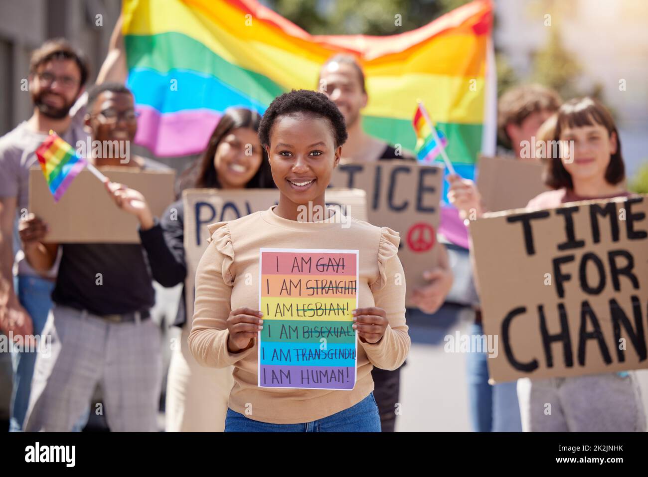 We are all human. Shot of a group of young people protesting for lgbtq rights. Stock Photo