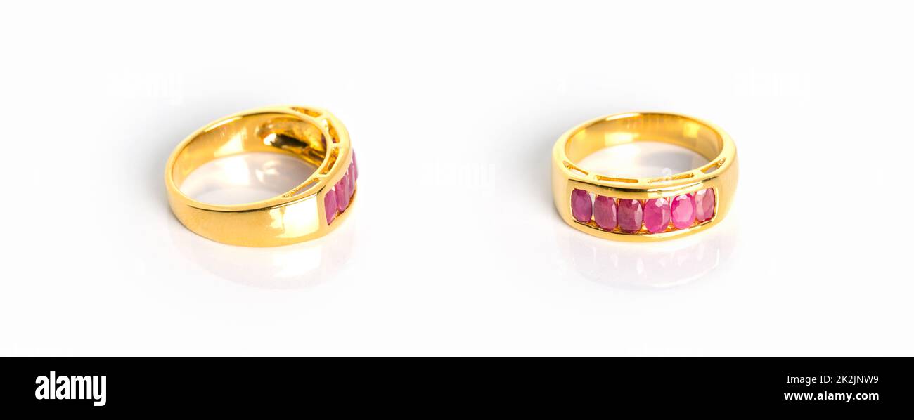 ruby stones jewel or gems ring on white background with reflection collection of natural gemstones accessories studio shot 2K2JNW9