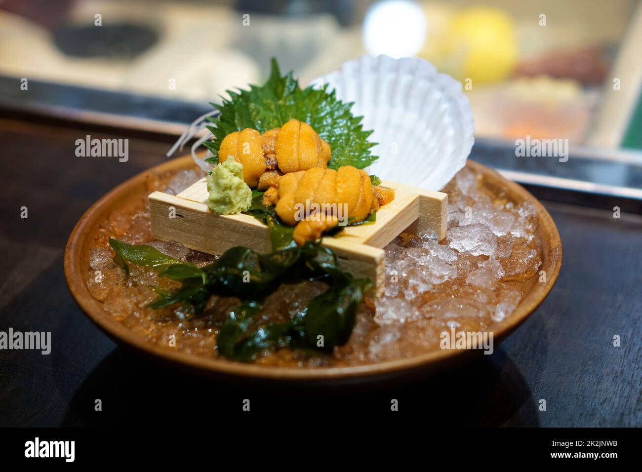 Atlantic sea urchin meat in wooden tray serve on ice with fresh wasabi and green shiso leaf. Japanese food Stock Photo