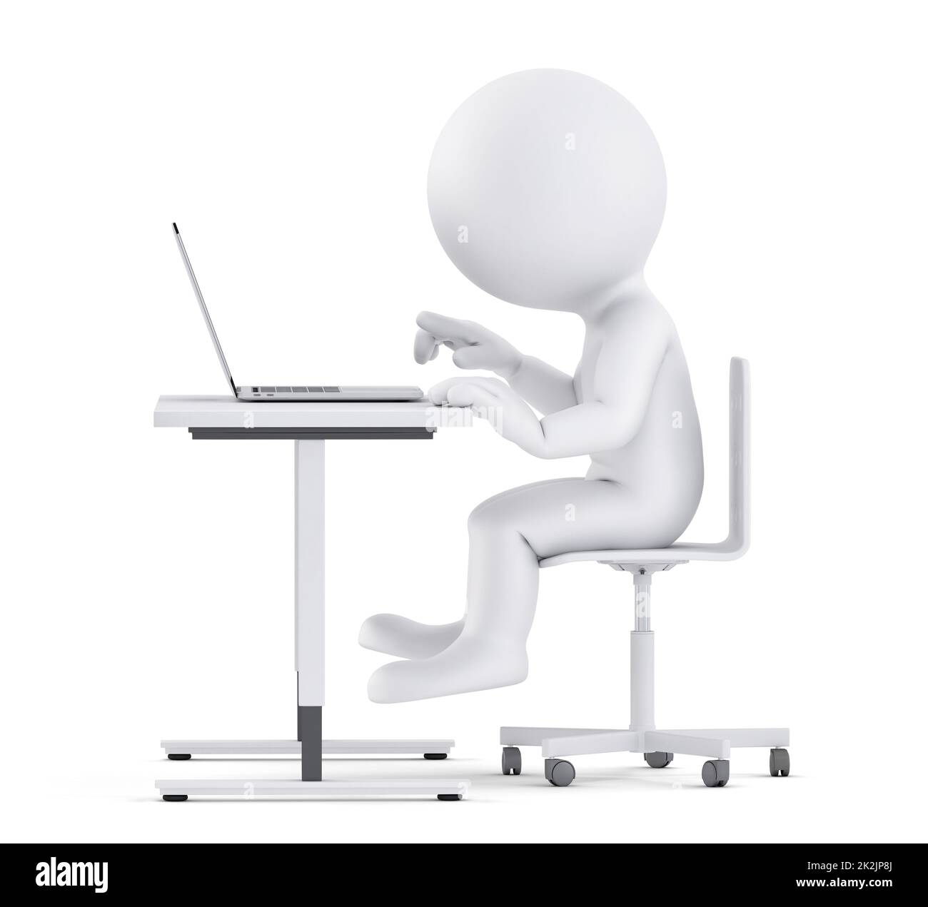 Man sitting at the desk and working on a laptop. 3D illustration. Isolated Stock Photo