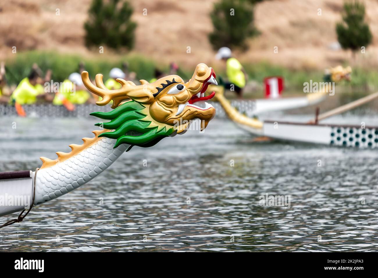 Dragon boats racing. Decorated head of the boat. Stock Photo