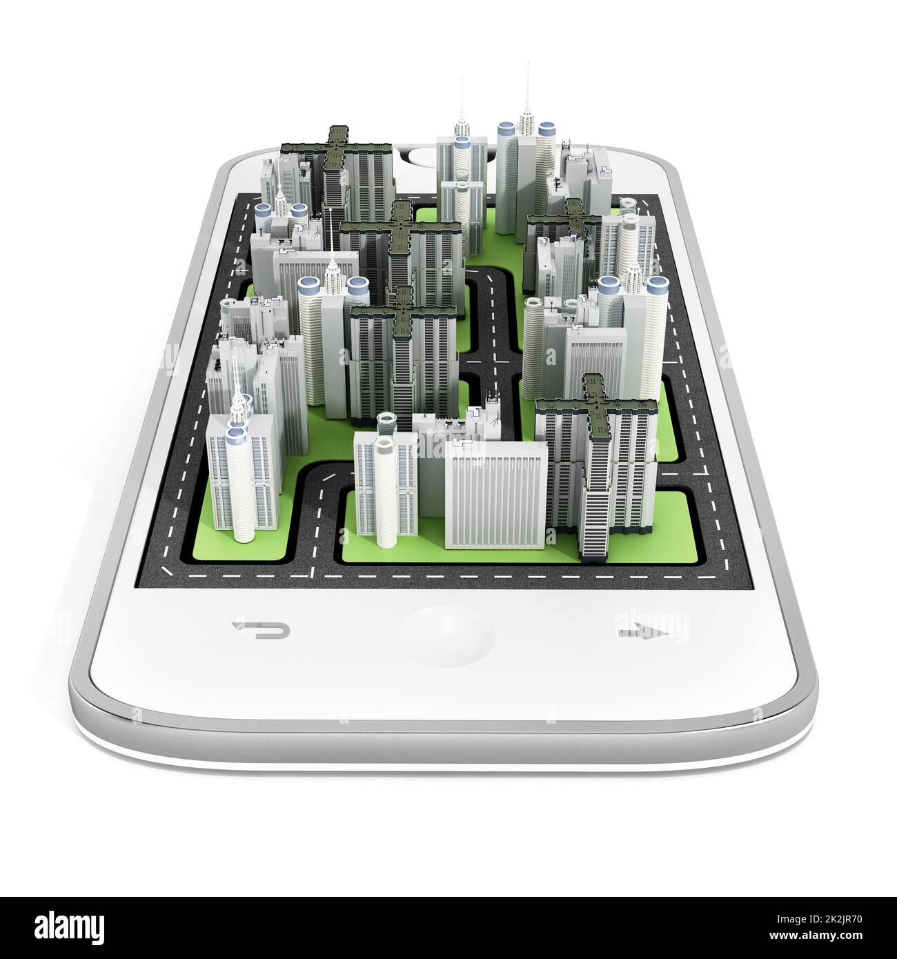 Modern city buildings on the smartphone screen. 3D illustration Stock Photo