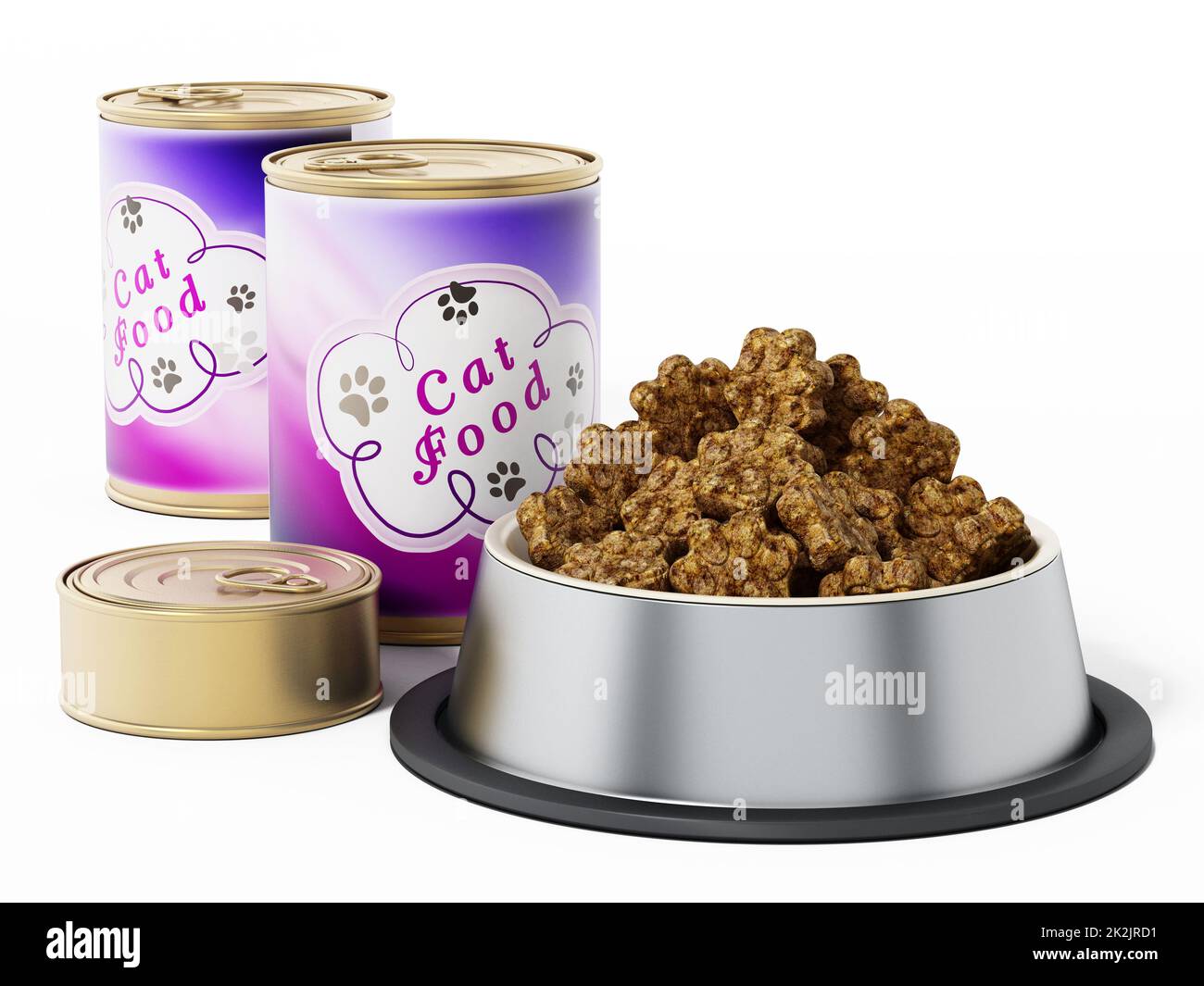 Cat food canisters and bowl isolated on white background. 3D