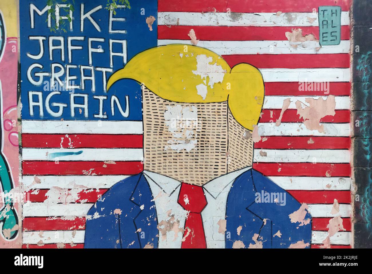A painted wall in Old Jaffa depicts Donald Trump with the American flag and writing' Make Jaffa great again' Tel Aviv Israel Stock Photo