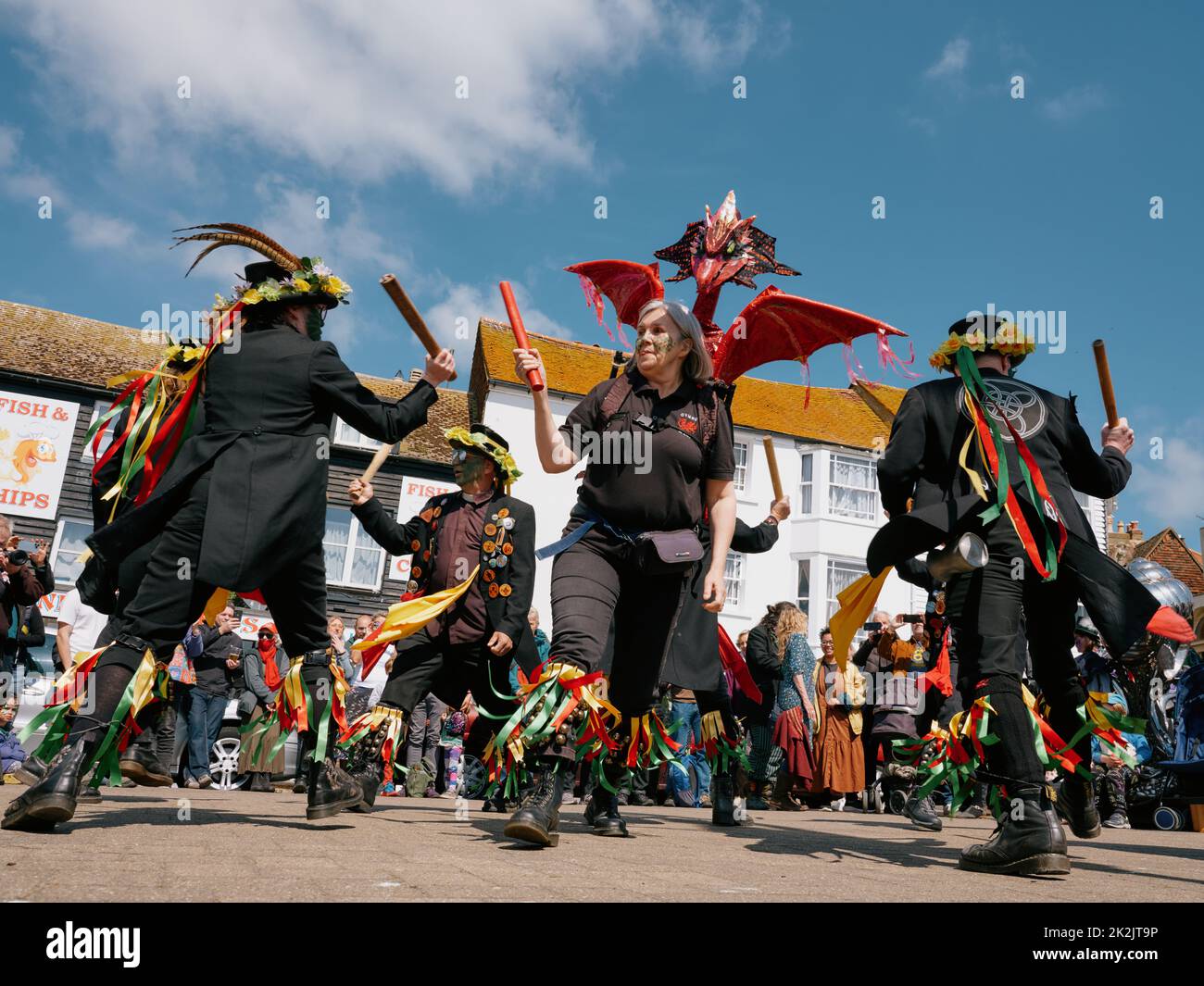 Welsh Morris dancers on Winkle Island in Rock a Nore at the Jack in the Green festival May 2022 - Hastings East Sussex England UK Stock Photo