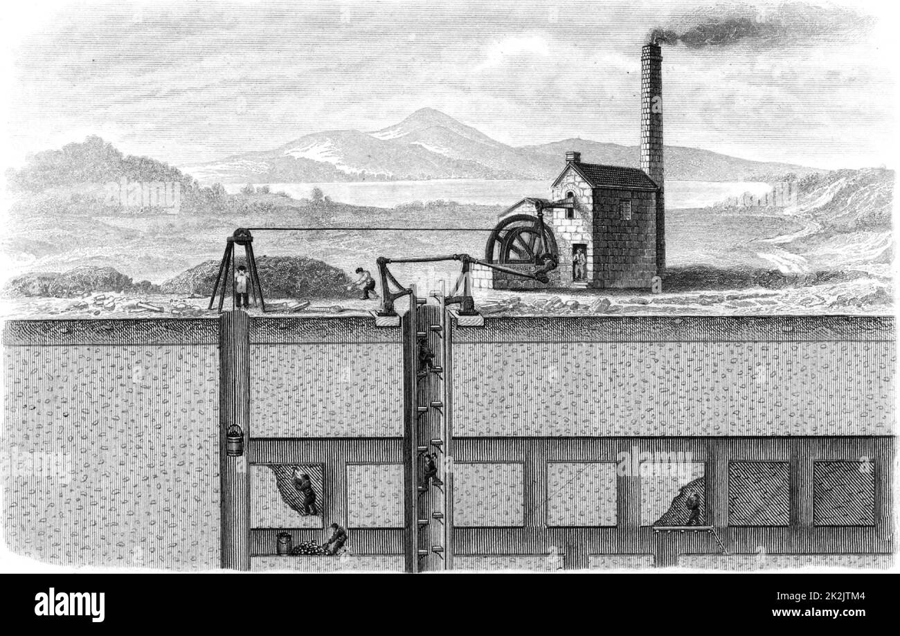 Cross-section of a metalliferous mine in the Devon and Cornwall area of England, showing the engine house containing the steam engine which powered the man-engine or moving lift and the raising of ore in buckets in buckets in a separate shaft on the left. From 'The Popular Encyclopaedia' (London, 1862). Engraving. Mining. Metal. Power. Energy. Steam. Stock Photo