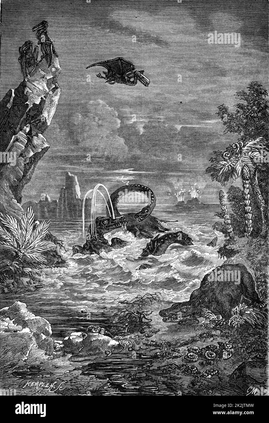 Imaginative reconstruction of the Earth during the time of the dinosaurs. From 'Astronomie Populaire' by Camille Flammarion (Paris, 1881). Engraving. Stock Photo