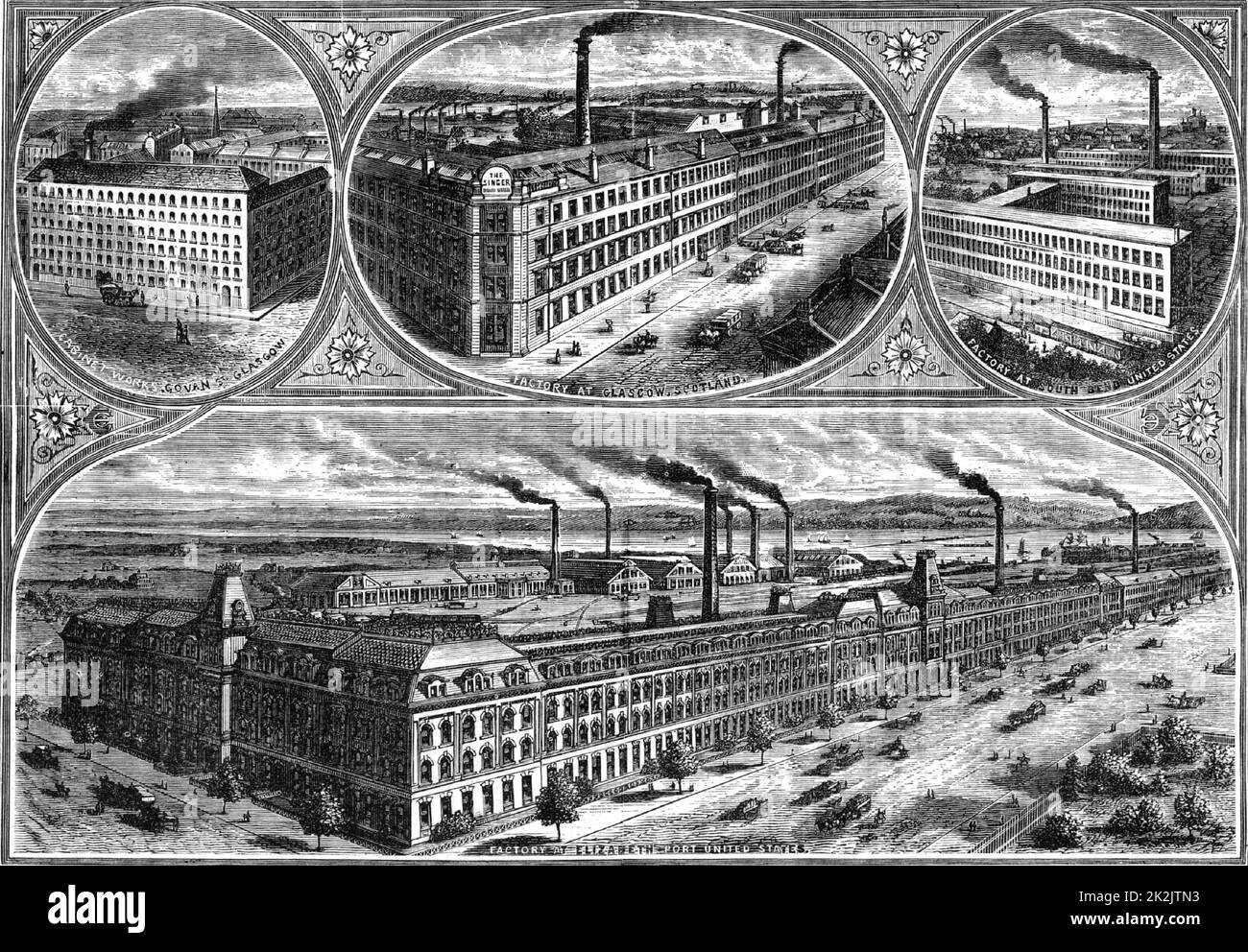 Factories of the Singer Sewing Machine company. Top left. Cabinet works at Govan, Glasgow, Scotland. Centre top. Factory at Glasgow, Scotland. Top right. Factory at South Bend, Indiana, usa. Bottom. Factory at Elizabethport, New Jersey, usa. From 'Great Industries of Great Britain' (London, c1880). Engraving. Stock Photo