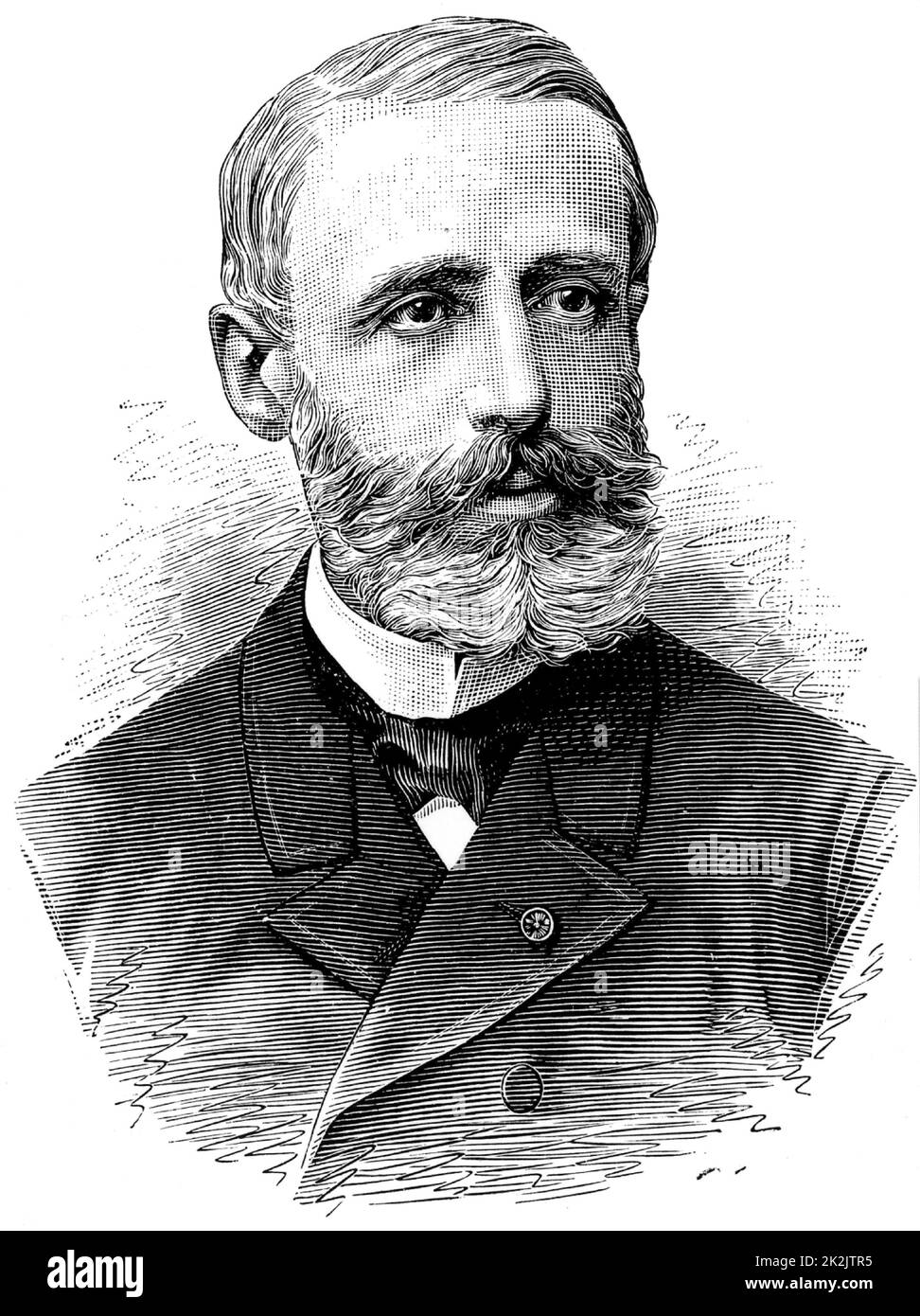 (Raymond) Gaston Plante (1834-1889) French physicist who in 1859 invented the first accumulator or electric storage battery. It was a wet cell with two lead plates immersed in sulphuric acid, the electrolyte. Engraving from 'A travers l'Electricite' by Georges Dary (Paris, c1906). Stock Photo