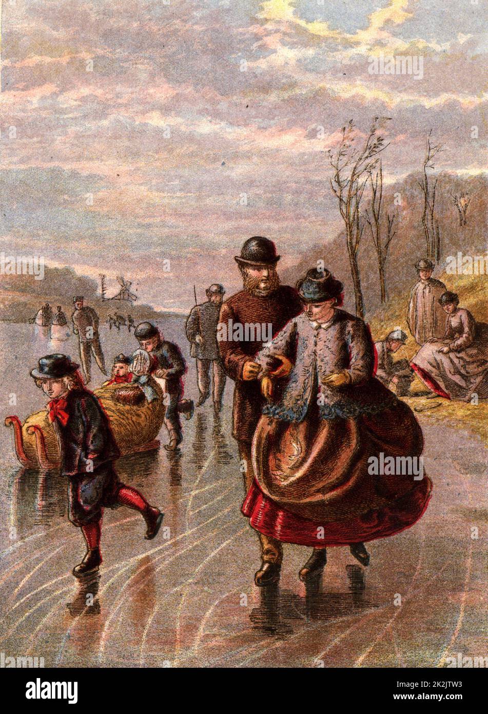 Ice skating on a frozen river. Kronheim chromolithograph from 'Pictures from Nature' by Mary Howitt (London, 1869). Stock Photo