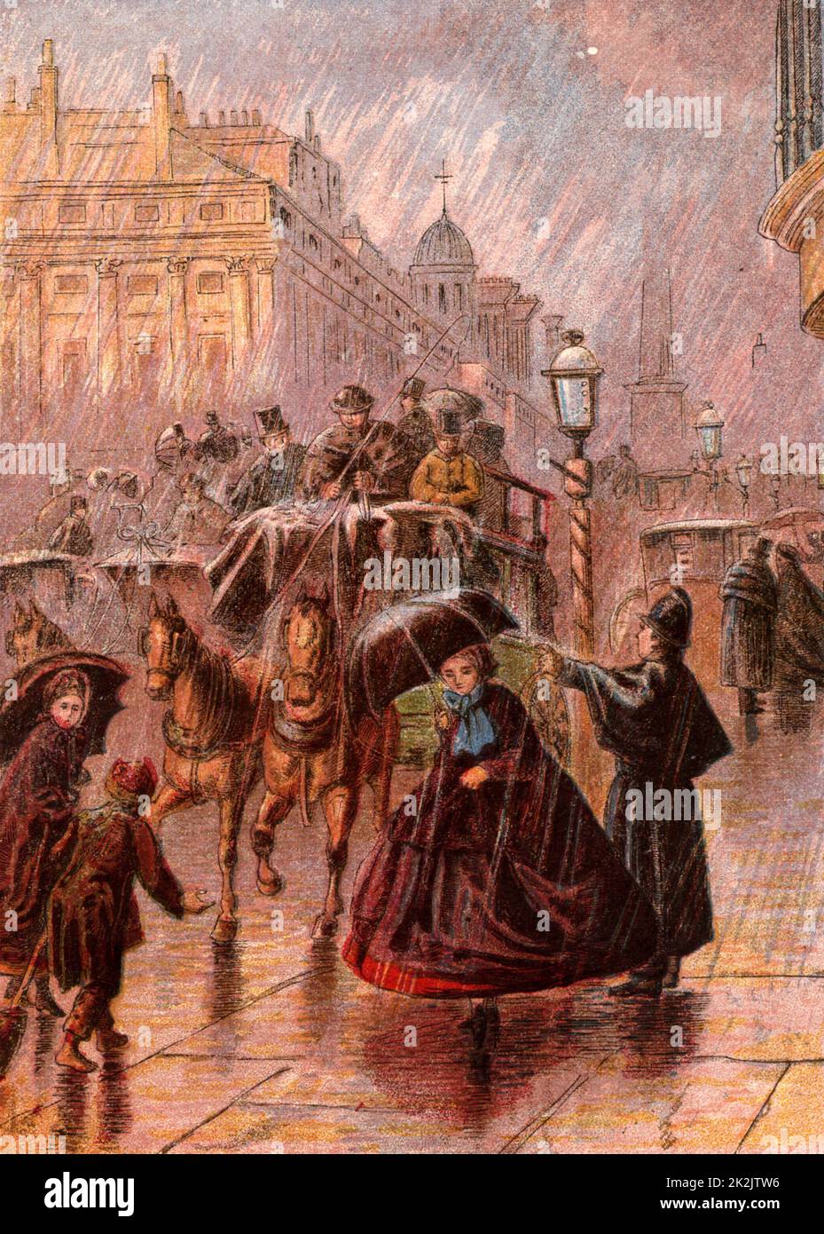 Busy street scene in London, England, on a rainy day. A policeman in a Macintosh cape points out the way, ladies hold their open umbrellas in an effort to keep themselves dry. Horse-drawn buses and hansom cabs pass along the wet road. Kronheim chromolithograph from 'Pictures from Nature' by Mary Howitt (London, 1869). Stock Photo