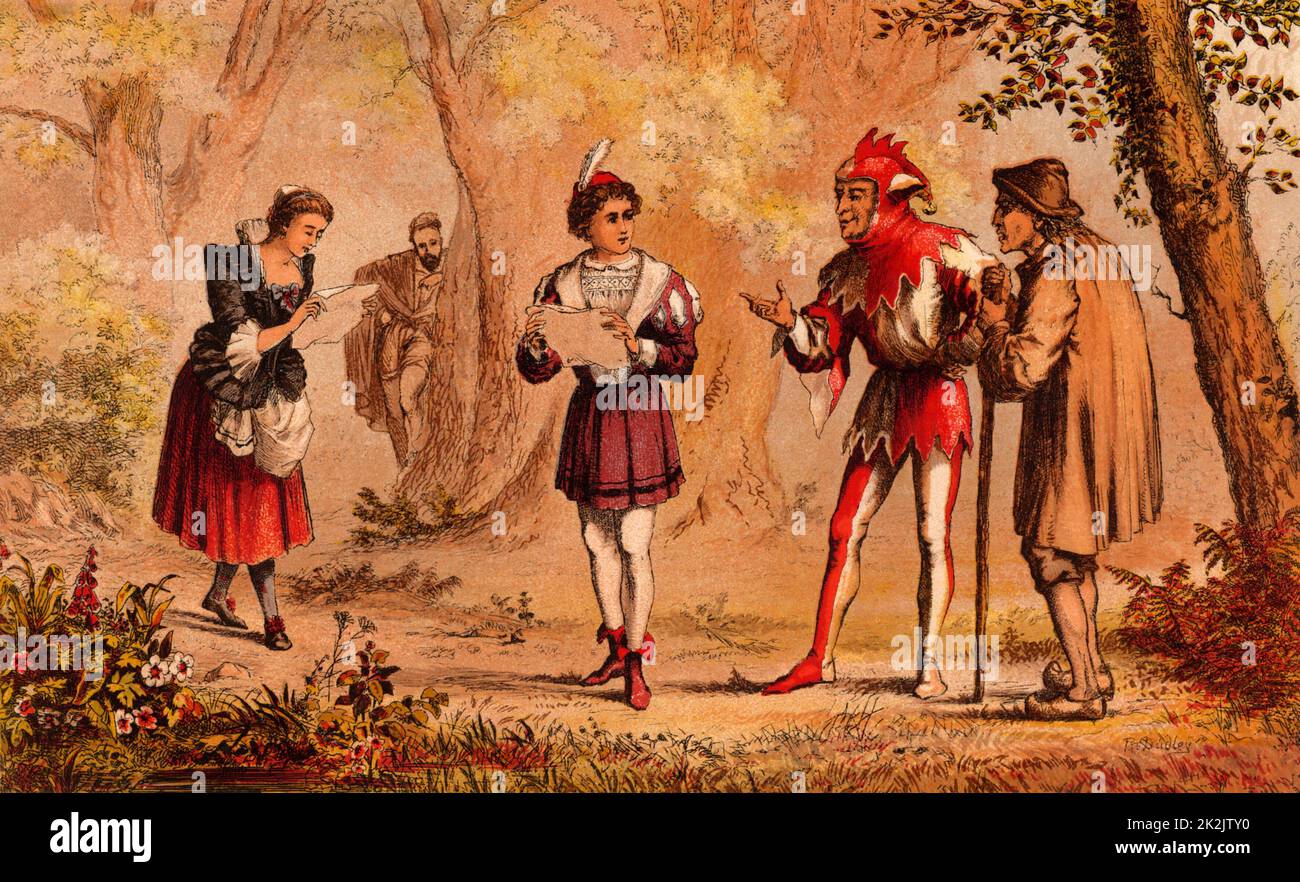 Rosalind, disguised as Ganymede, reading the verses in her praise that Orllando (by tree in background) nailed to a tree, while Celia her cousin enters reading more. The other characters are Touchstone, the fool, and Corin, a shepherd. Illustration by Robert Dudley (active 1858-1893) published 1856-1858 for the comedy "As You Like It" by William Shakespeare first registered 1599. Chromolithograph. Stock Photo