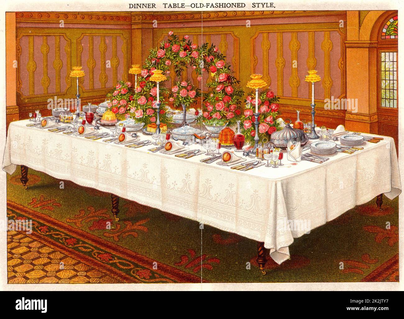 Table covered with a linen cloth and set for a formal dinner party. Shaded candles provide light. Oleograph from 'Household Management' by Isabella Beeton (London, 1906). Stock Photo