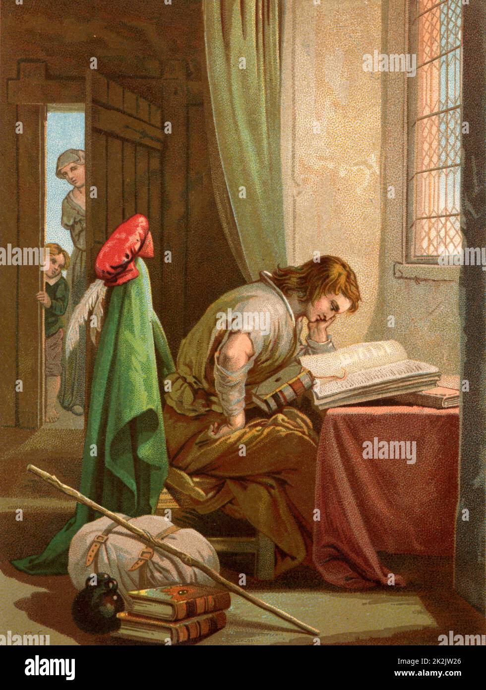 Christian Weeps and Prays. Christian, the pilgrim of the title, reading his bible. Beside him are his pilgrim's pack, his staff, and pilgrim's flask. Illustration by Henry Courtney Selous (1803-1890) for an 1844 edition of 'The Pilgrim's Progress' by John Bunyan, originally published in 1678. Chromolithograph. Stock Photo