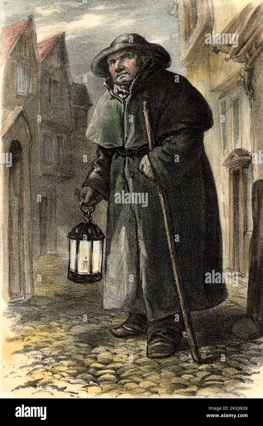 London nightwatchman, or Charlie, who patrolled the streets at night in the 18th century. He carries a staff and a candle lantern. Lithograph c1870. Stock Photo