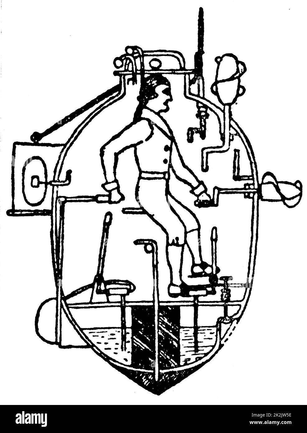 'Turtle' (1775)), submarine by David Bushnell (1742-1824). Air sufficient for 30 minute submersion. Propeller turned by handle inside. During American War of Independence several unsuccessful attempts made to use 'Turtle' armed with single mine to blow up British warships. Engraving 1882 Stock Photo
