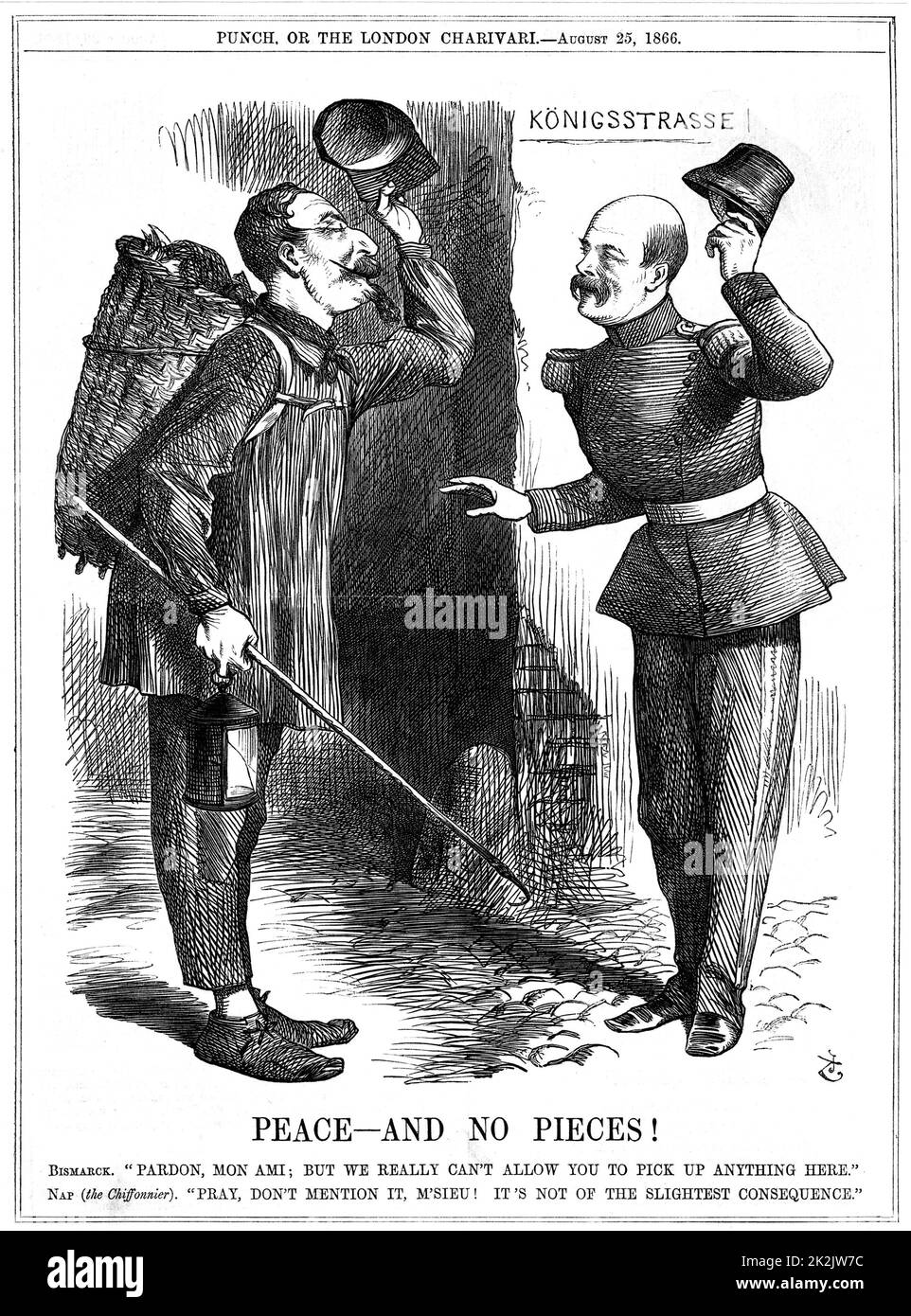 Napoleon III, French Emperor 1852-1870, dressed as a rag-picker (Chiffonnier), warned off by Otto von Bismarck, the Prussian Chancellor. Napoleon's territorial ambitions led to Franco-Prussian War of 1870-71. John Tenniel cartoon from Punch, London, 25 August 1866. engraving Stock Photo