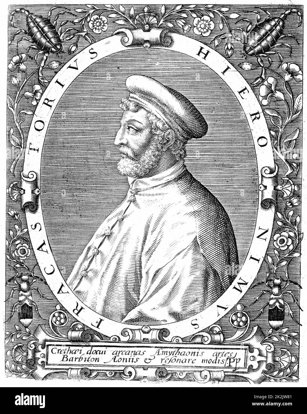 Girolamo Frascatoro (Hieronymus Fracastorius) c1478-1553. Italian physician, poet and astronomer. Germ theory of disease. Best remembered for work in rhyme describing Syphilis 'Syphilis sive morbus Gallicus' (Syphilis or the French Disease) 1530. Engravin Stock Photo
