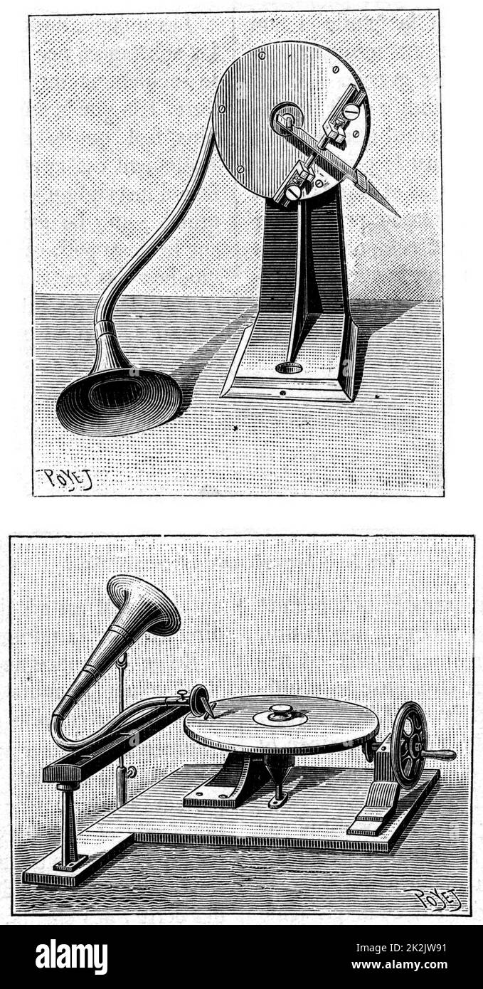 Emil Berliner's Gramophone. Top: Recording stylus and mouthpiece. Bottom: Playing a disc. Engraving published Paris 1888 Stock Photo