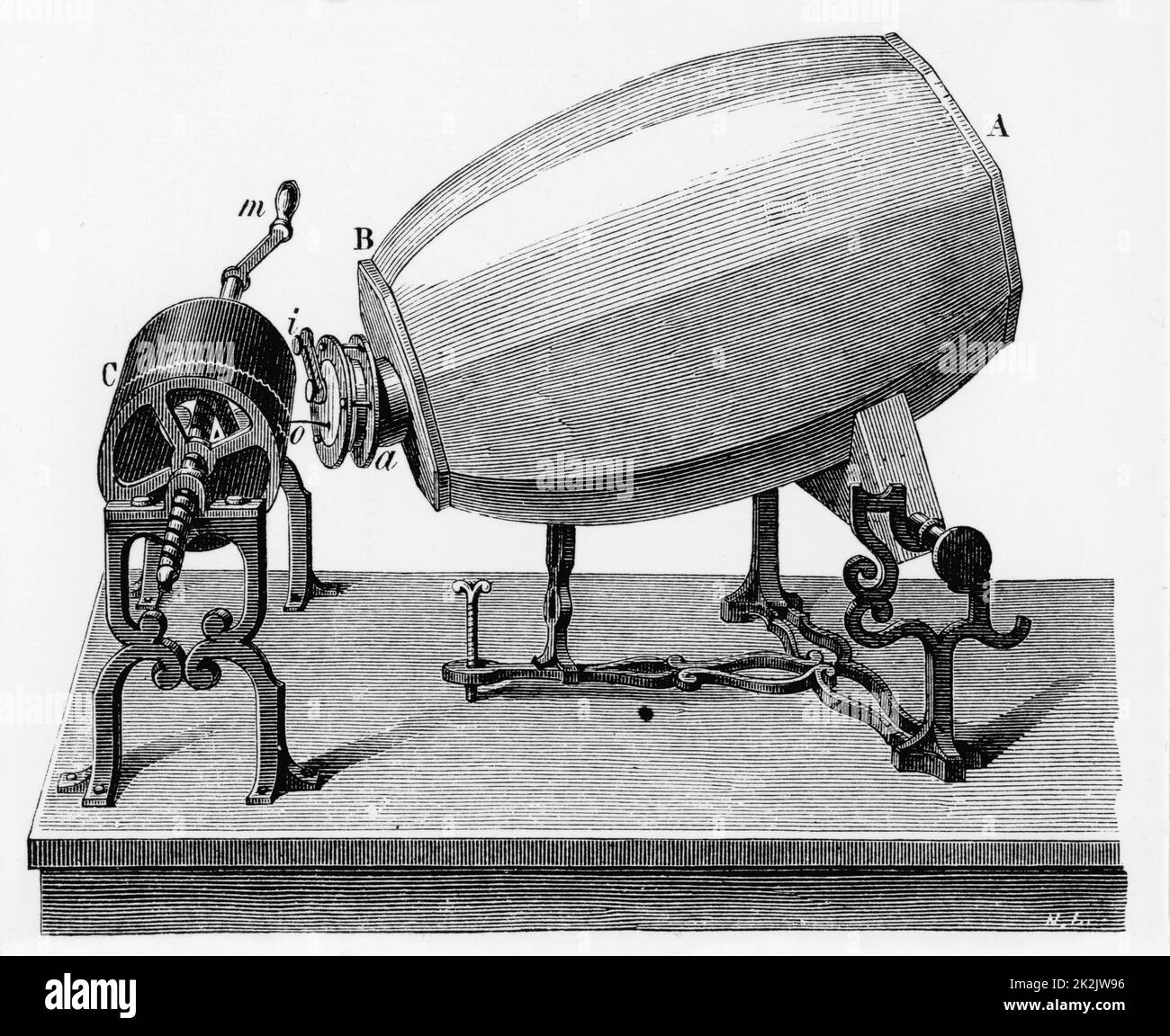 Phonautograph (c. 1857) apparatus for studying sound vibrations graphically, invented by (Edouard) Leon Scott de Martinville. Plaster of Paris barrel with brass tube at a with hog's bristle attached to trace vibrations produced in AB on lampblacked cylin Stock Photo