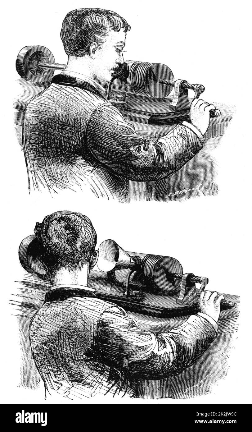 First model of Edison Phonograph (c.1877) in which the recording cylinder was rotated by hand. Top: Making recording. Bottom: Listening to recording. Engraving published Paris April 1878 Stock Photo