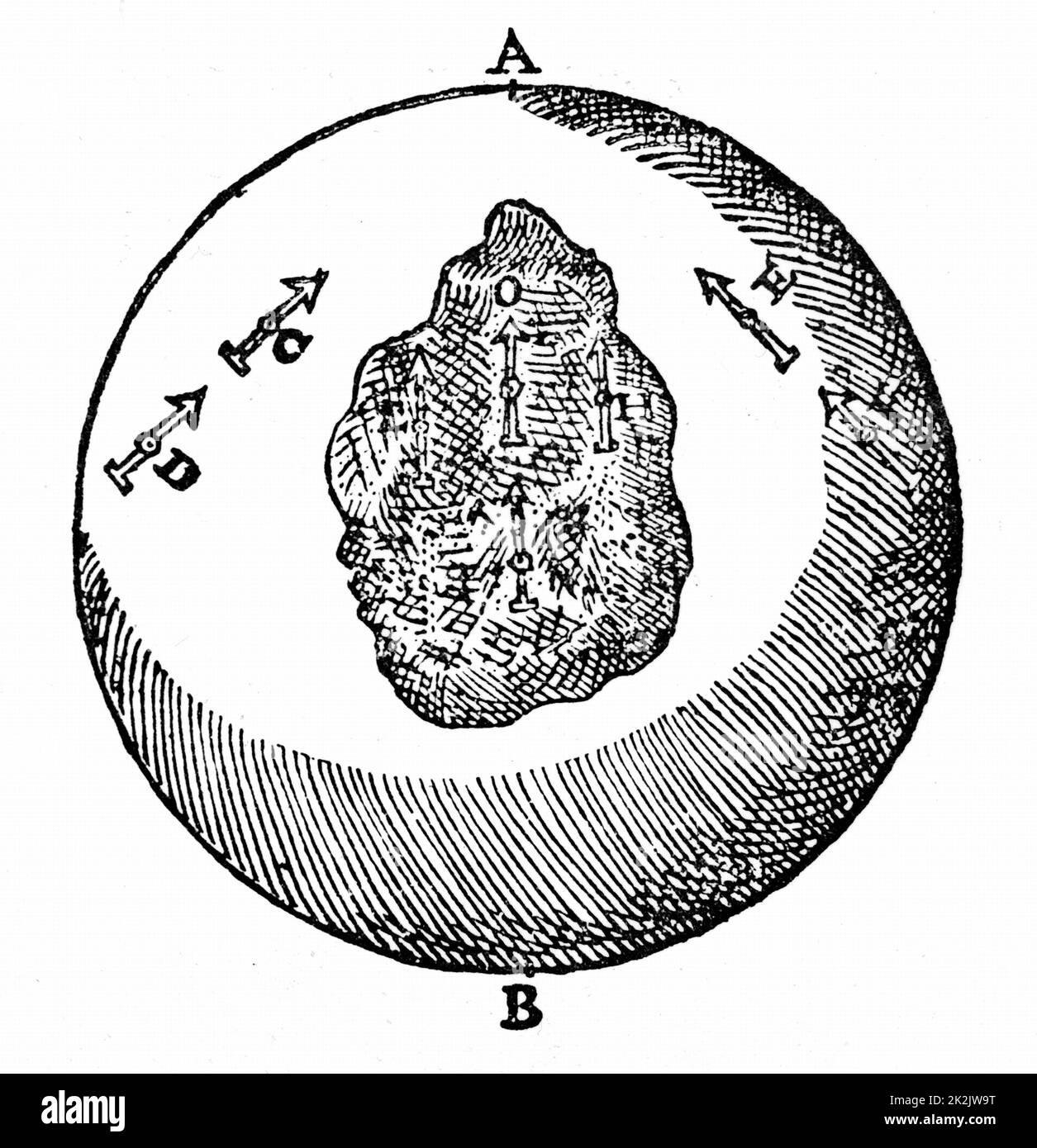 Magnetic needles on a terrella will point towards the north pole, A. other needles will do likewise, even though the surface of the terrella is uneven, as at O. From William Gilbert 'De Magnete', London, 1600 Stock Photo