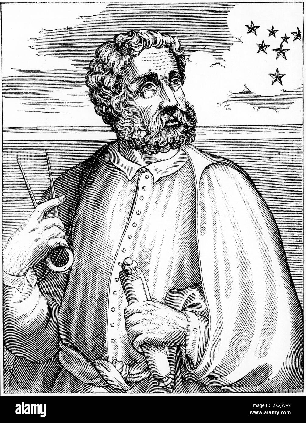 Ferdinand Magellan(c1480-1521) Portugese navigator. Led first expedition to cirumnavigate the globe. Rounded Magellan Strait from Atlantic to Pacific, October-November 1519. Woodcut Stock Photo