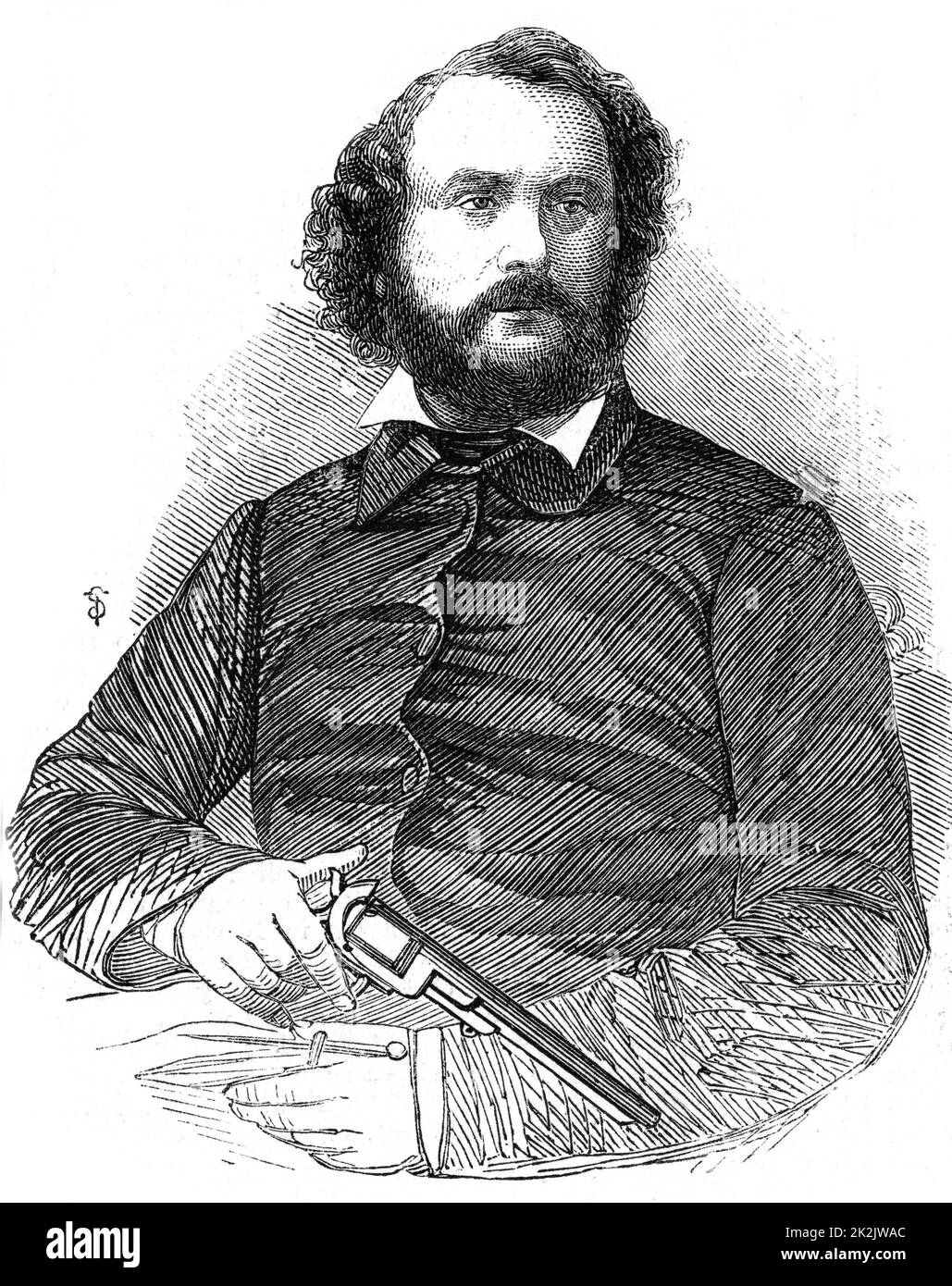 Samuel Colt (1814-1862), American inventor and industrialist, shown here with the Colt revolver, the weapon which, after the Mexican war of 1846-8, was adopted by the US army. From 'The Illustrated London News', 22 November 1856. Wood engraving Stock Photo
