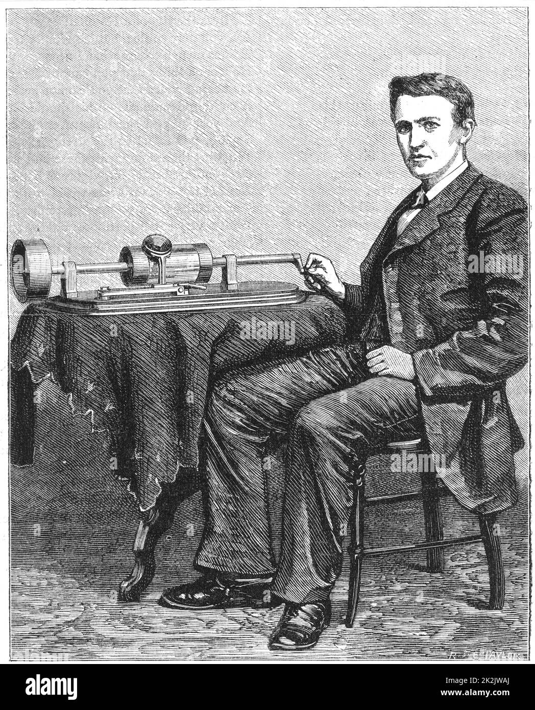 Thomas Alva Edison (1847-1931) American inventor, with early hand-driven model of his phonograph. Engraving published 1878 Stock Photo