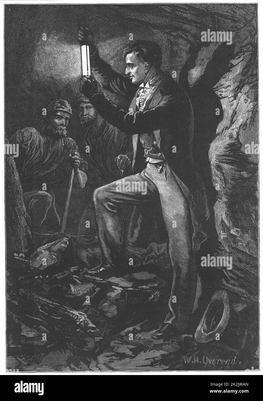 Humphry Davy (1778-1829) English chemist. Artist's impression of Davy testing his miner's safety lamp. From Edwin Hodder 'Heroes of Britain', London c1880. Wood engraving Stock Photo