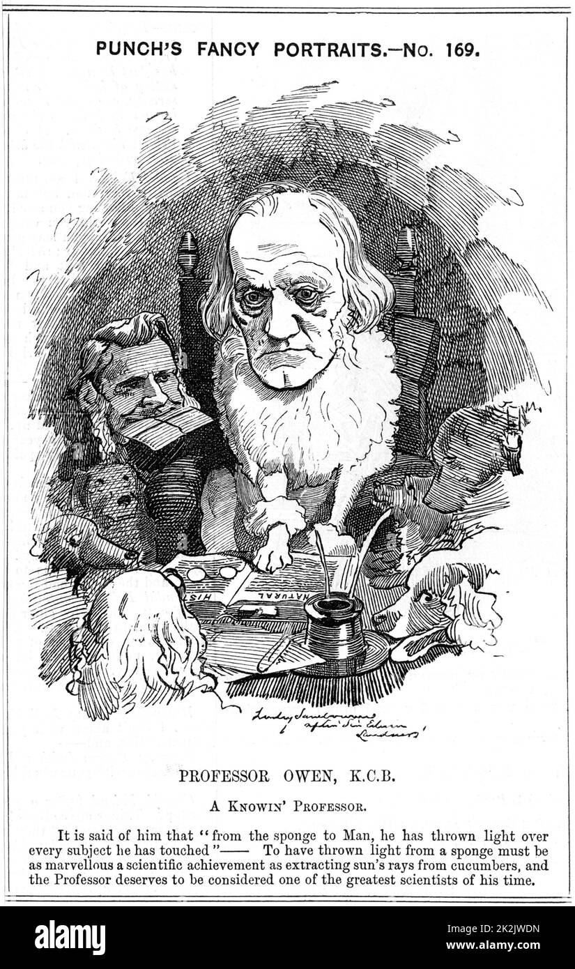 Richard Owen (1804-1892) English zoologist. Coined term 'Dinosaur' (1841). Opposed Darwin and evolution. Figure on left with letter in mouth is TH. Huxley. Richard Linley Sambourne 'Fancy Portrait' for 'Punch', London, 5 January 1884. Engraving Stock Photo