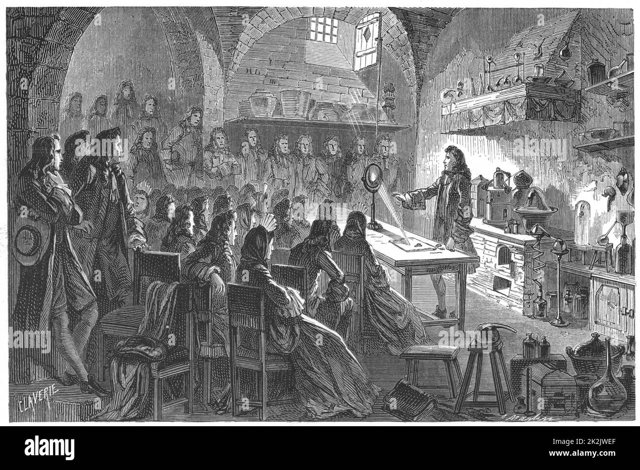 Nicolas Lemery (1645-1715) French physician and chemist. Lemery giving a public lecture on chemistry in Paris, c.1675. Engraving published Paris, 1874 Stock Photo