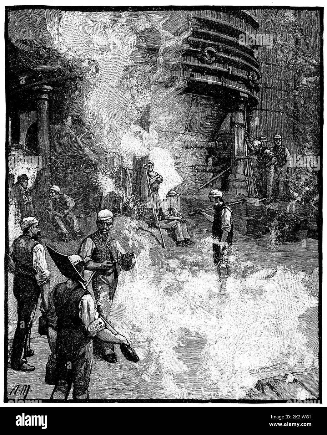 Tapping blast furnace and casting iron into 'pigs, Siemens Iron and Steel Works, Landore, South Wales. From 'The English Illustrated Magazine', London, 1885. Engraving Stock Photo