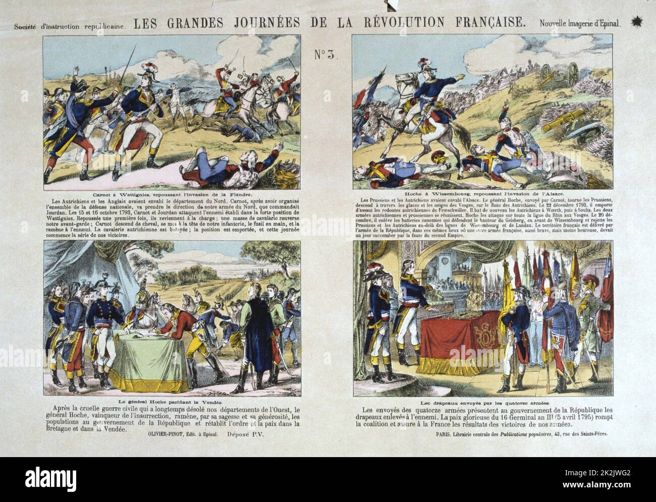 The Imageries d'Epinal. Plate #3 Illustrations of the main events of the French Revolution. - 15-16 October 1793: Lazare Carnot repels the Austrian and English troops at Wattignies. First victory for the revolutionary armies.  - December 1793: General Hoche liberates Alsace. Here the Battle of Wissembourg. - 1795: under the auspices of General Hoche, agreements were signed with the Vendée chiefs, putting an end to the First Vendée War.  - Peace of 16 Germinal An III (5 April 1795): the envoys of fourteen armies present to the Government of the Republic the flags taken from the enemy. Stock Photo